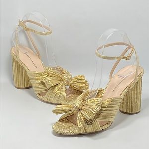 Loeffler Randall Camellia Gold Pleated Bow Heel Sandals size 9